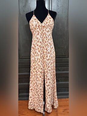 Aerie Sleeveless V-Neck Maxi Dress with distinct brown & cream pattern - size XS